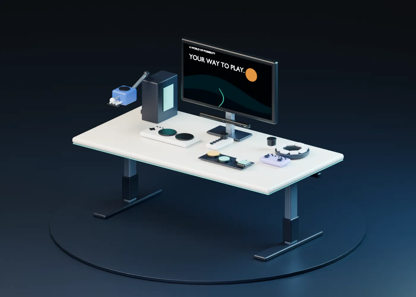 Concept adaptive gaming station with an open desk, mouth controller, eye tracker, adaptive controllers, joystick and separate switches.